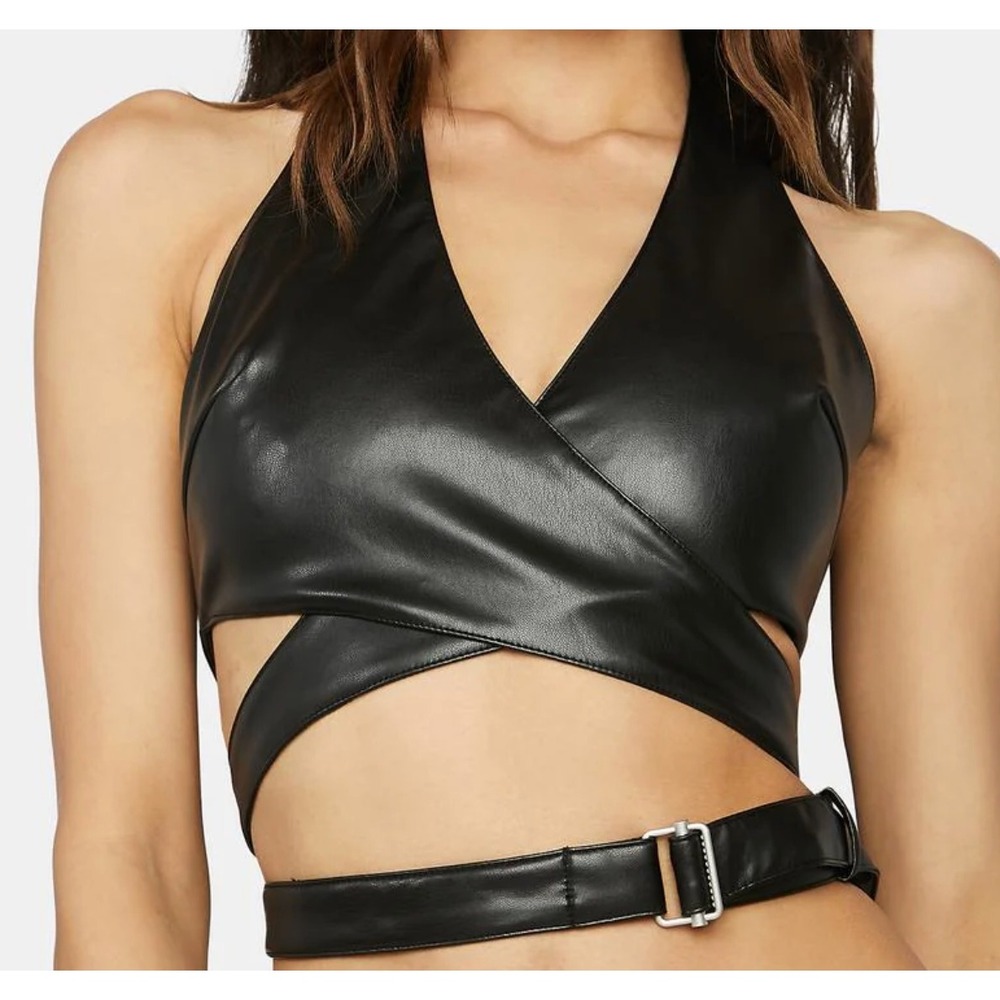 THE KRIPT Dolls Kill Black‎ Faux Leather Halter Wrap Buckle Belt Crop Top XS